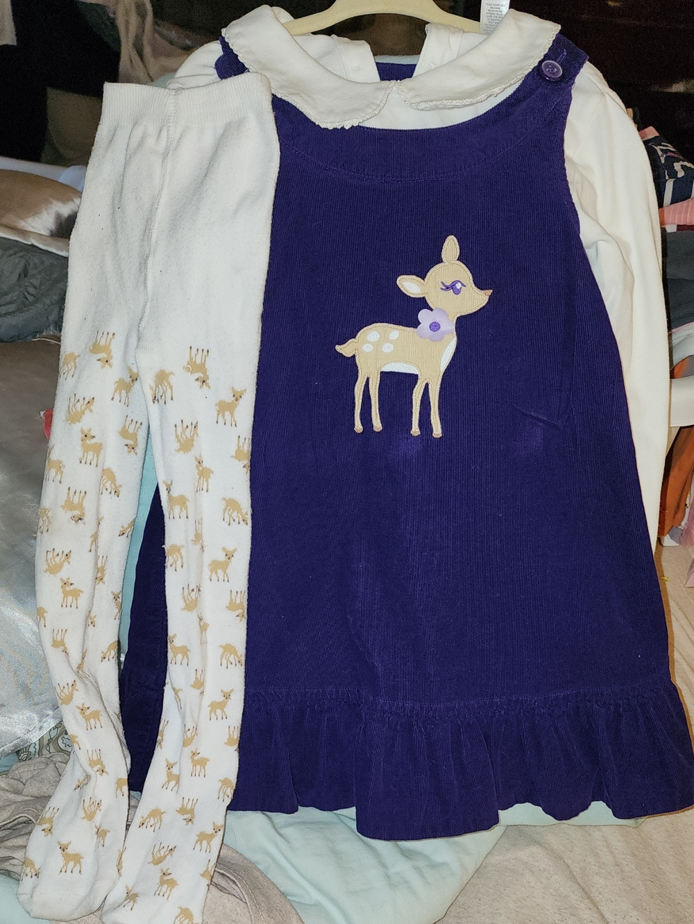 Sz 4T Gymboree Purple Corduroy Deer Pinafore Dress with White Deer Tights
